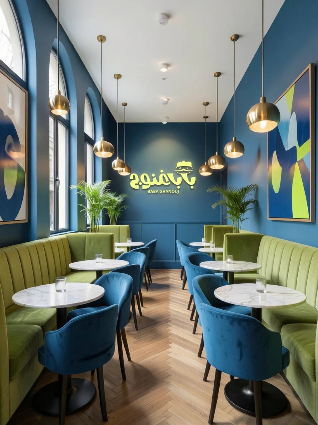 Restaurant interior with blue walls, green booths and the illuminated logo