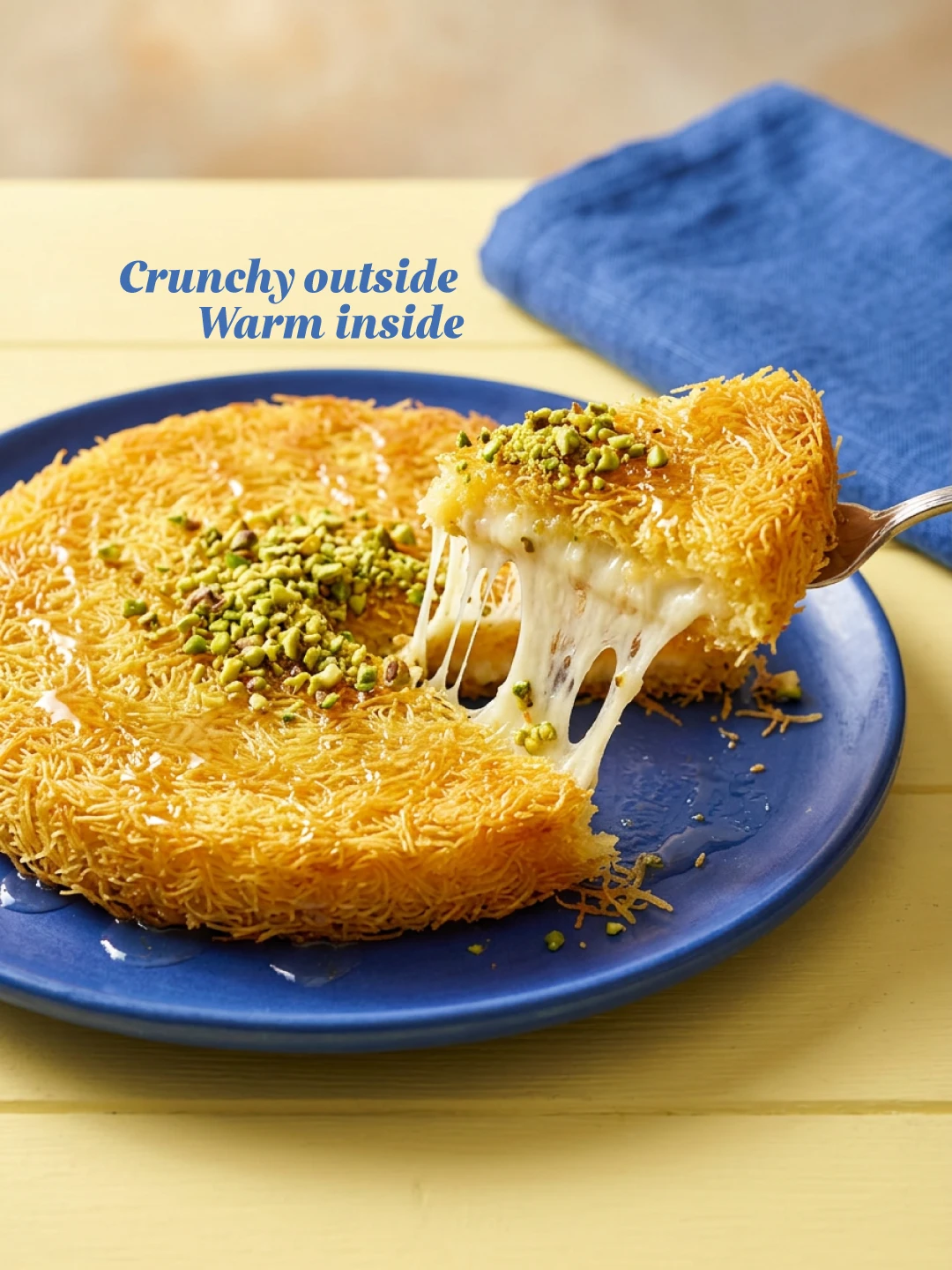Cheese kunafa slice with the line Crunchy outside, warm inside