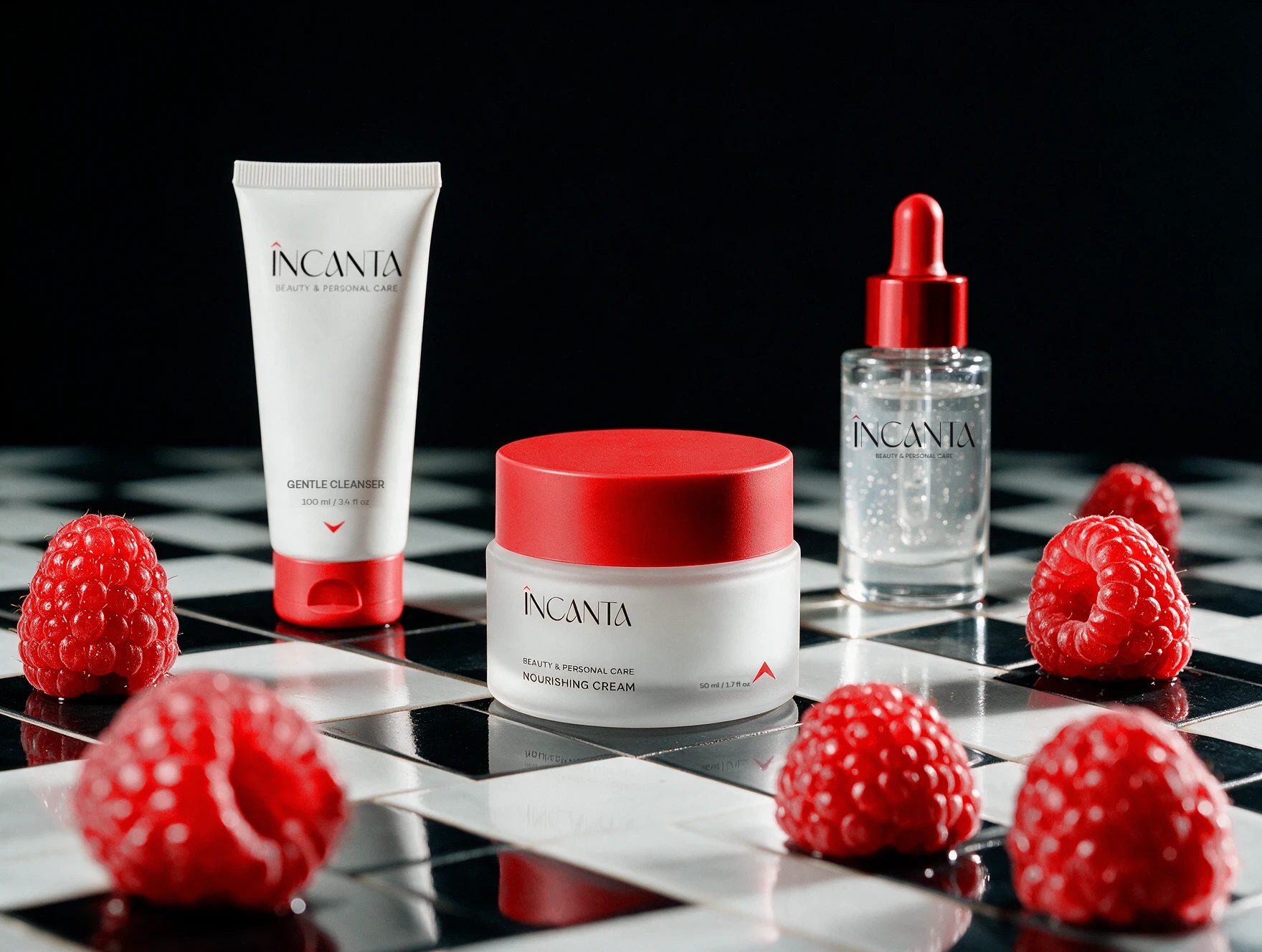 ÎNCANTA products on a black and white chessboard with raspberries