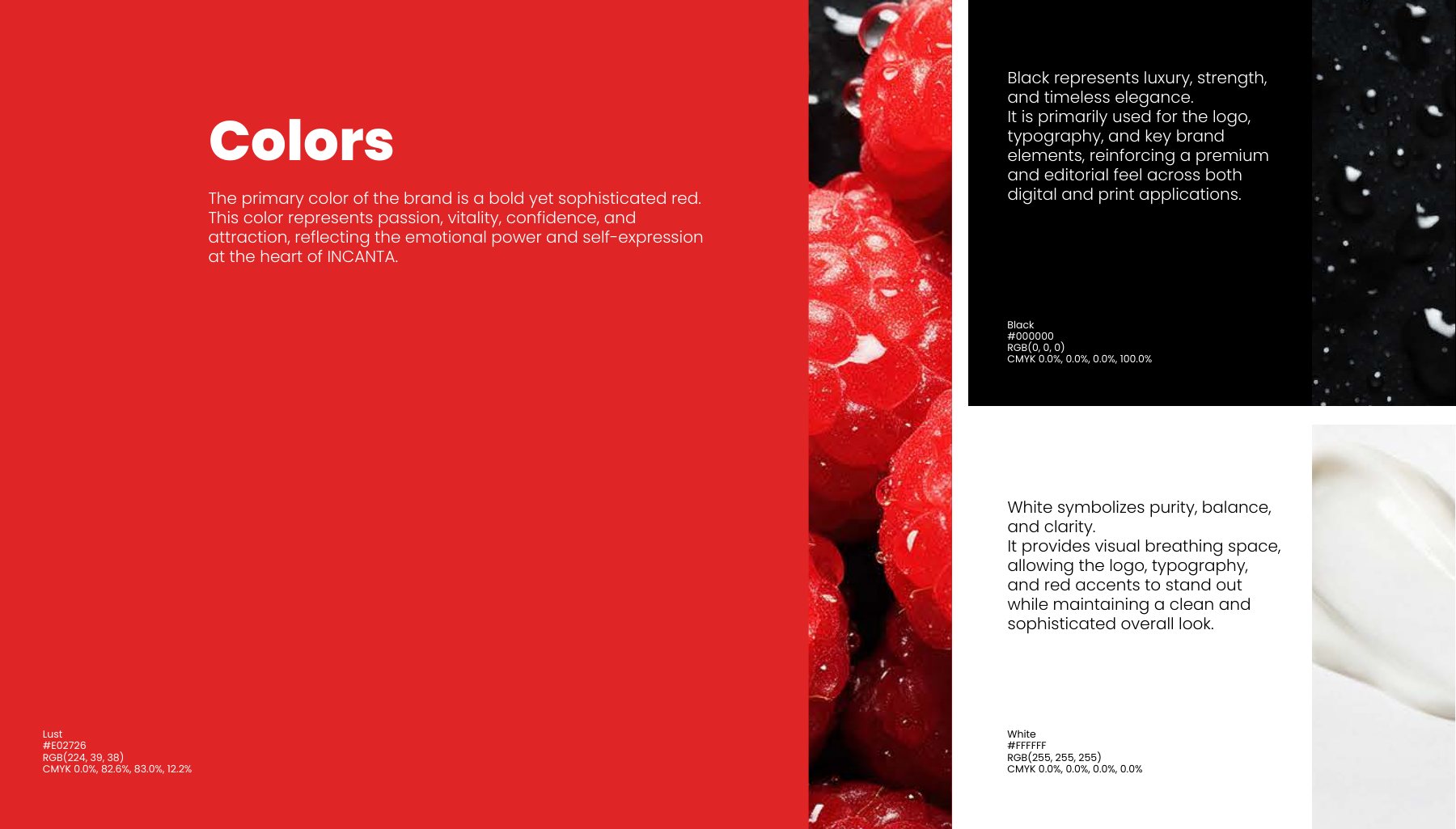 ÎNCANTA colour palette: Lust Red, black and white