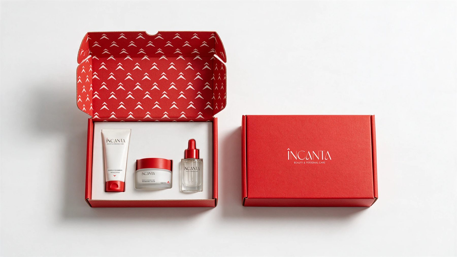 Red ÎNCANTA mailer box, open with the chevron pattern inside, next to the closed box