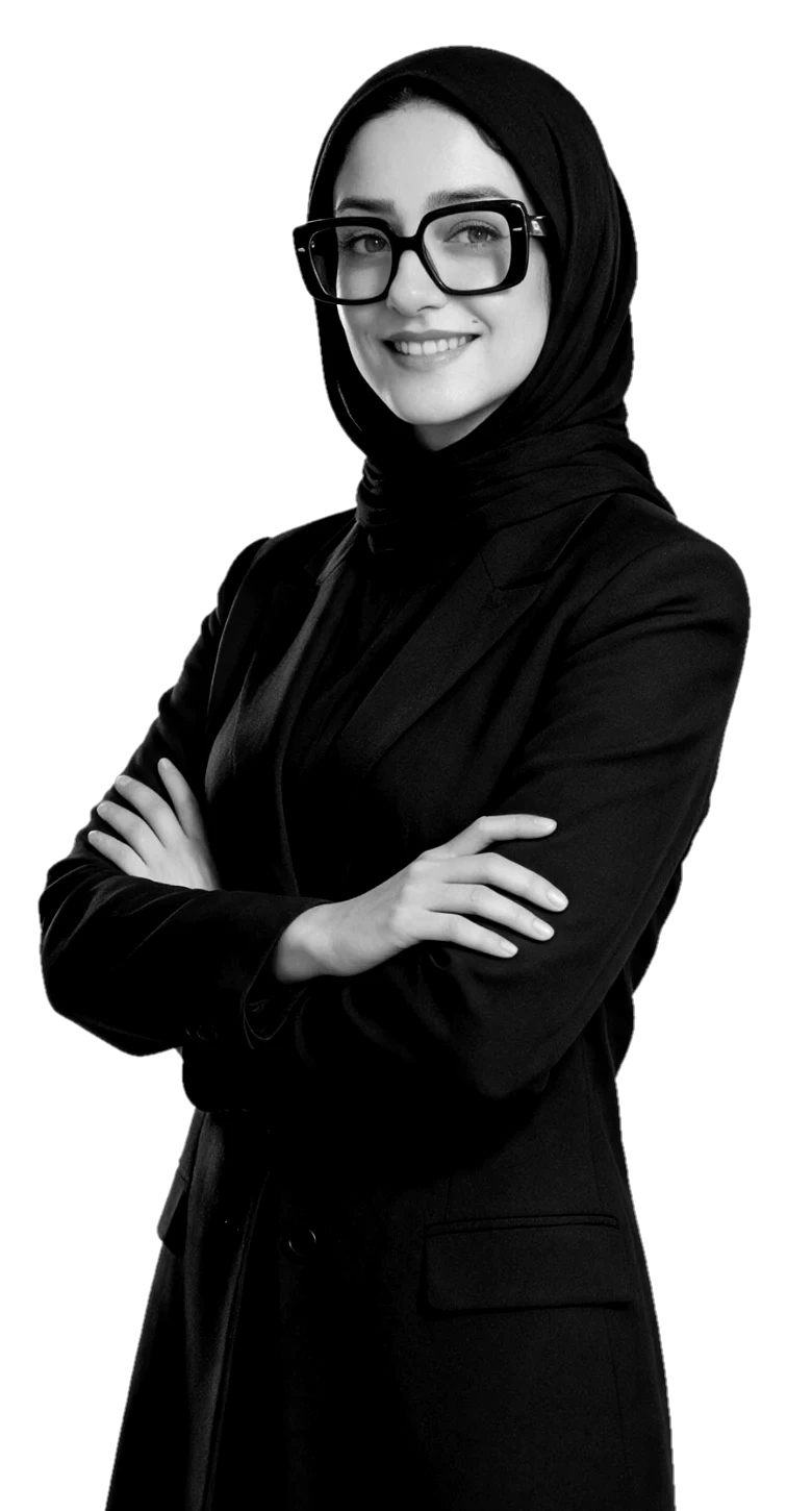 Samar Abdelmonem in a black suit and hijab, arms crossed, smiling