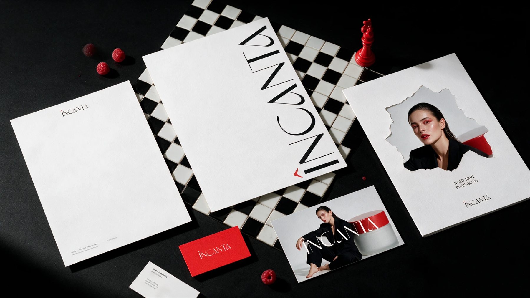 ÎNCANTA stationery: letterhead, business cards, postcard and poster on a chessboard